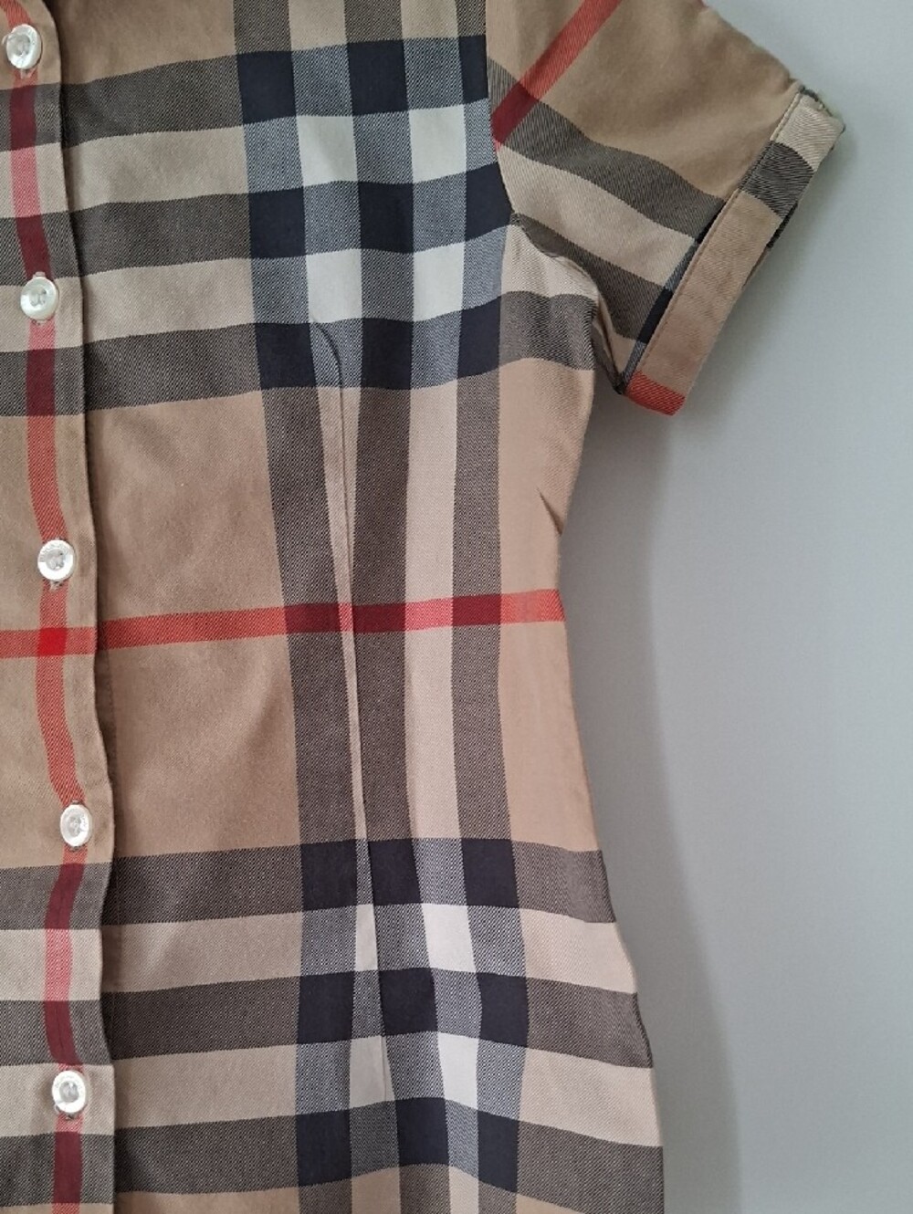 Burberry Girl Beige Plaid Short-Sleeve Button-Down Cotton Colar Shirt size 6 - Picture 5 of 16